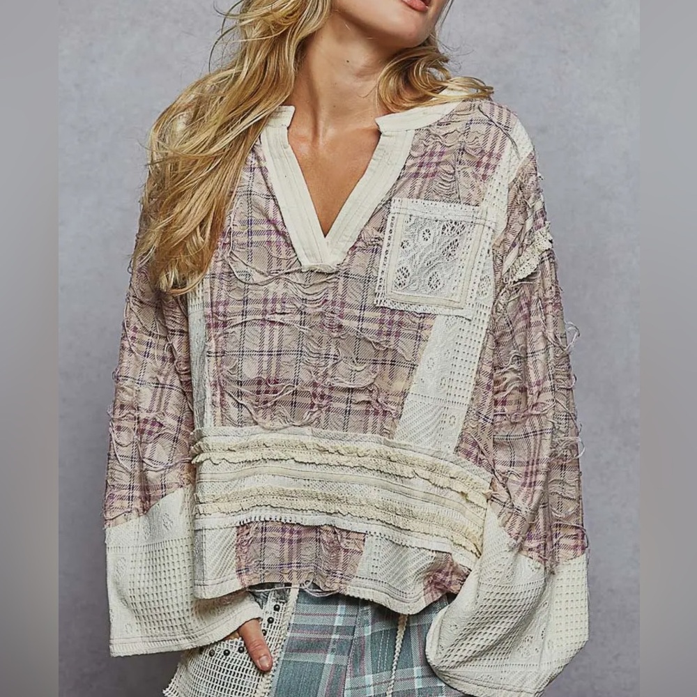 New Fall POL: “The Lilac”Plum and Cream Plaid distressed frayed top.